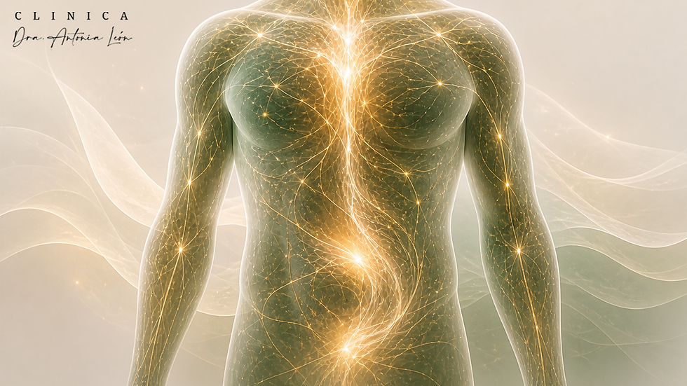 Ilustración conceptual de inflamación sistémica y su relación con el intestino y metabolismo