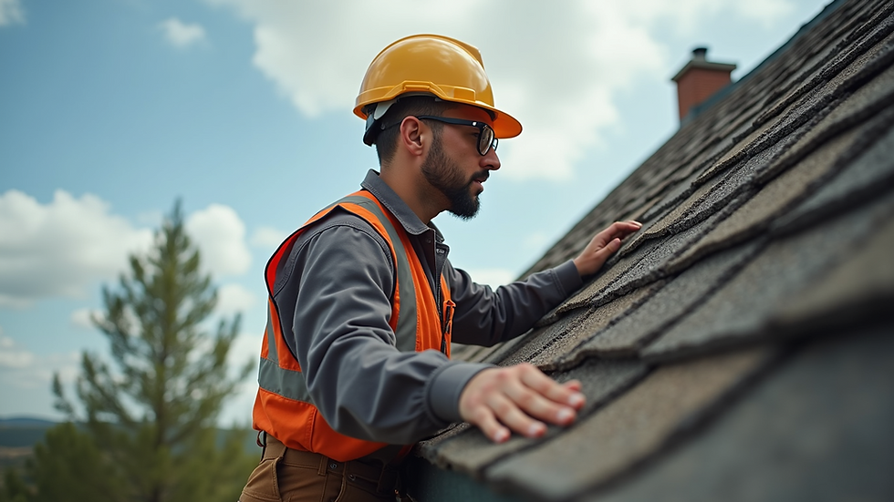 Eye-level view of a home inspector examining a roof