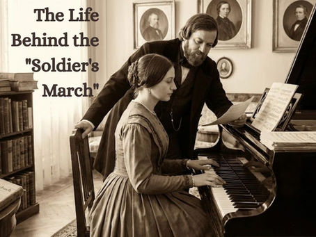 A glimpse into a historic music session, depicting a couple collaborating at the piano amidst a room filled with books, capturing the creative essence behind the "Soldier's March".