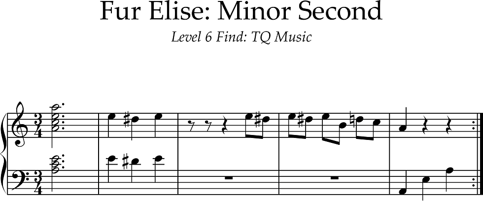 Sheet music titled "Fur Elise: Minor Second" with notes and treble clef. Text reads "Level 6 Find: TQ Music" on a white background.