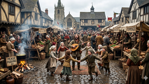 Medieval market scene with a musician playing guitar, children dancing, and vendors selling goods. Sign reads "Pease Pudding 2d."