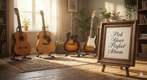 A selection of guitars with a sign saying pick your perfect strum.