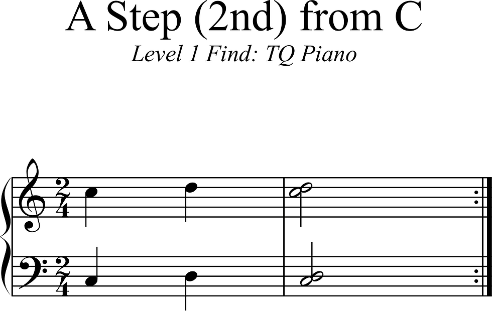 Sheet music titled "A Step (2nd) from C" with notes on a staff. Text: "Level 1 Find: TQ Piano." Simple black lines on white.