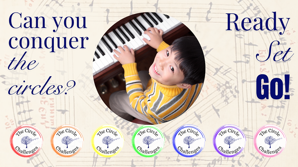 Child in yellow sweater smiles at camera while playing piano. Background features music notes and text: "Can you conquer the circles? Ready, Set, Go!"