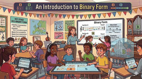 Children in a classroom learn about binary form with a teacher. They play a music matching game, surrounded by colorful decorations and posters.