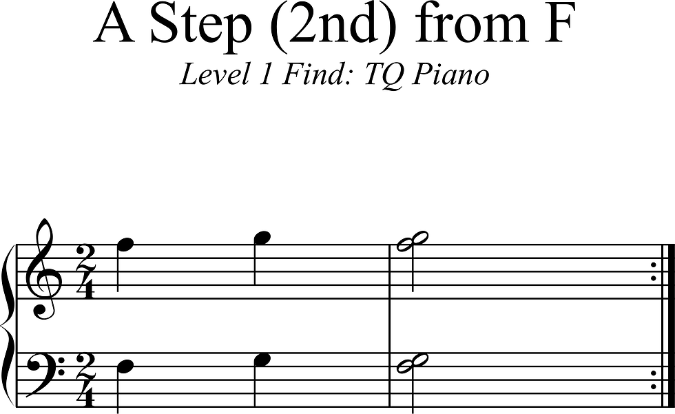 Music sheet titled "A Step (2nd) from F," Level 1. Staff with notes. Black text and notes on white background.