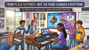 Students in a music classroom discuss piano history with posters and a digital keyboard labeled "Fortepiano Evolution Kit." Includes tech devices.