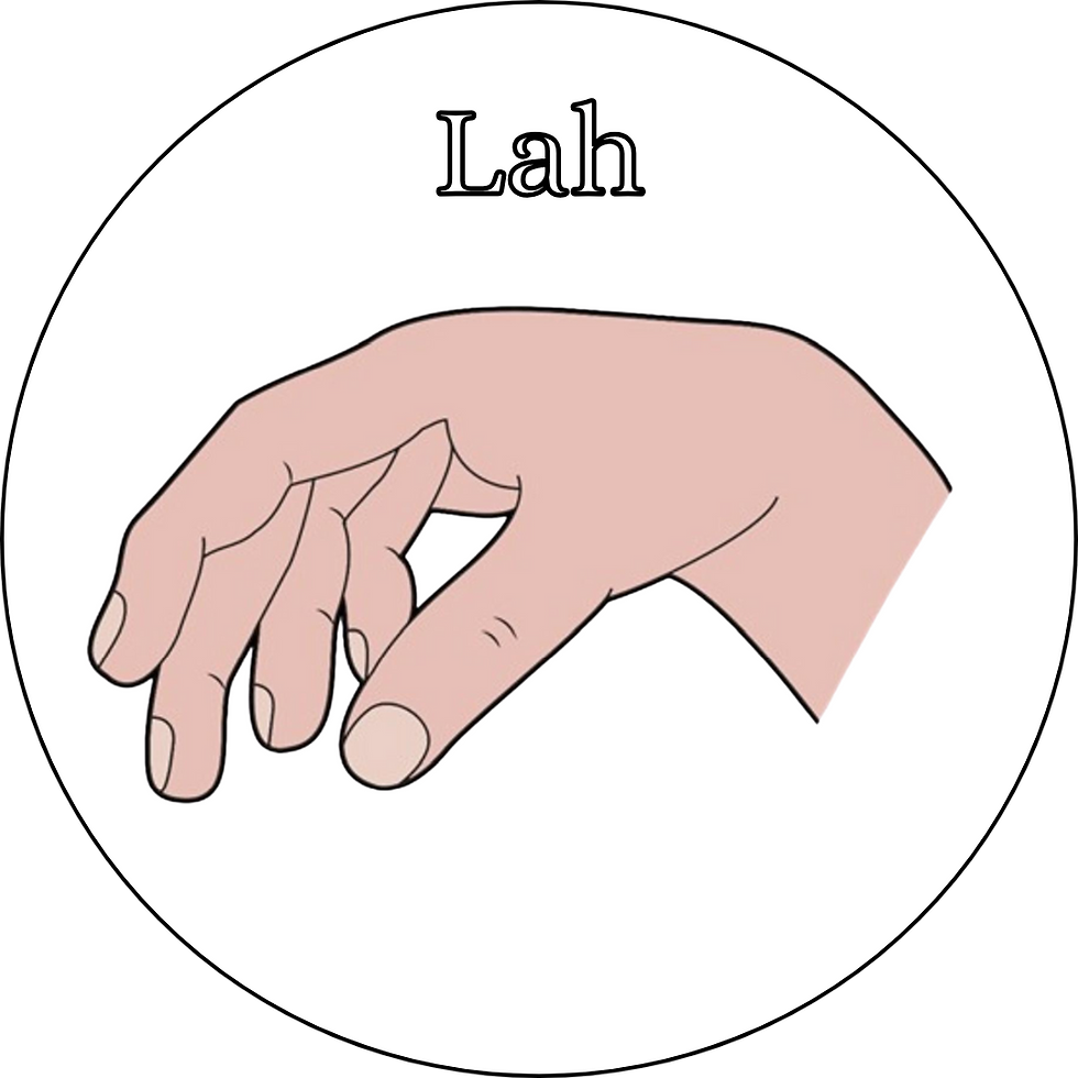 Hand making a gesture resembling a musical conductor's hand. Text above reads "Lah" in a white circle. Simple, neutral design.
