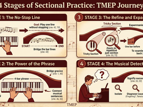 4 Stages of Sectional Practice in TMEP: A Comprehensive Guide to Mastering Piano Sections, from Playing Without Stopping to Identifying and Resolving Musical Challenges.
