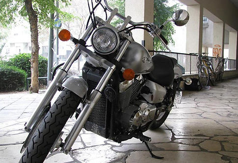 Cruiser motorcycle parked in a courtyard