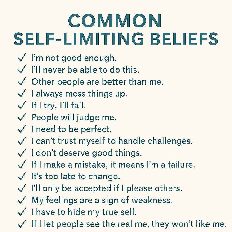 Text image listing "Common Self-Limiting Beliefs" with checkmarks beside phrases like "I’m not good enough" and "People will judge me."