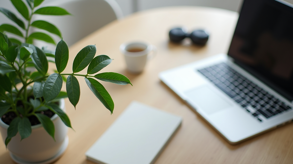 High angle view of a calm home office setup with a plant and a laptop