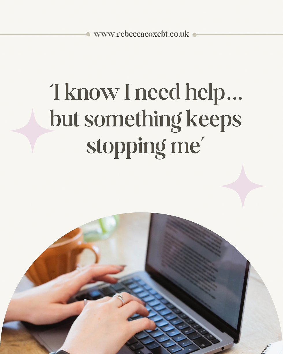 Hands typing on a laptop with text above saying, "I know I need help... but something keeps stopping me." A mug is visible in the background.