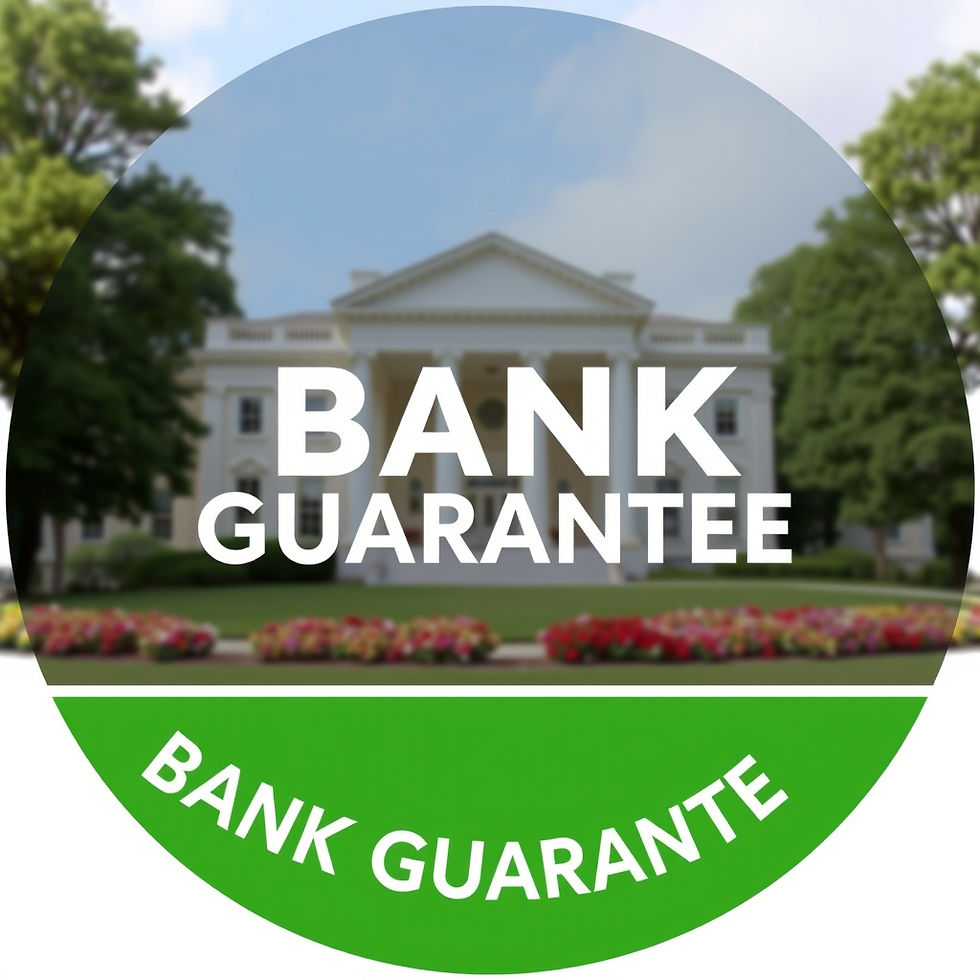 White building with columns in a garden setting, text "BANK GUARANTEE" overlaid in bold white letters, green and white circular frame.