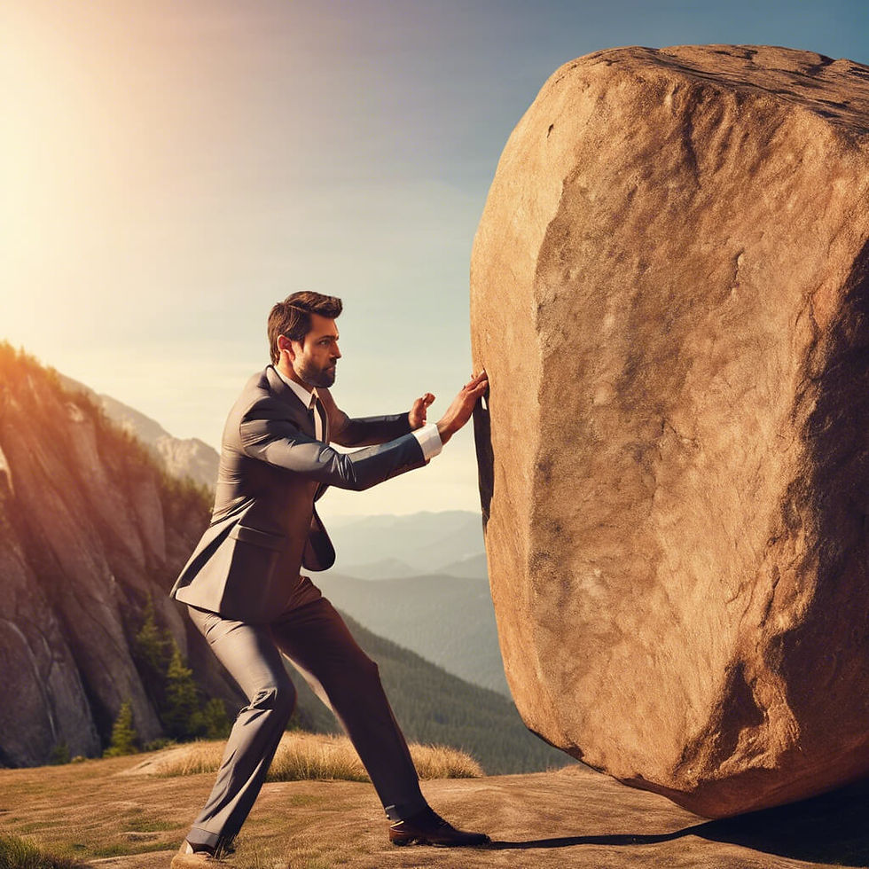 Man in a suit pushes a large boulder on a mountain with determination.