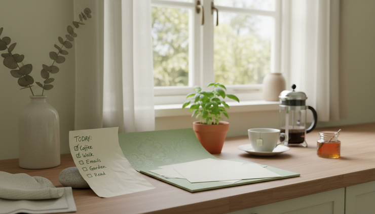 Wide-angle view of a quiet kitchen counter with a checklist, plant, and pale green folder.