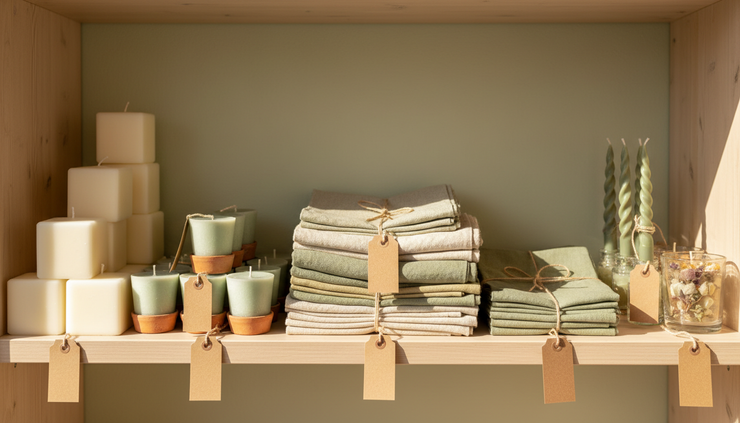 Eye-level view of a small shop shelf with neatly arranged handmade items and simple price tags.