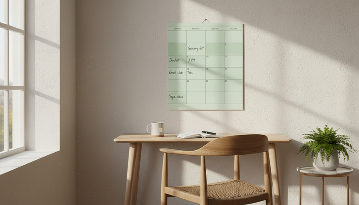 Eye-level view of a wall calendar with pale green time blocks in a quiet home nook.
