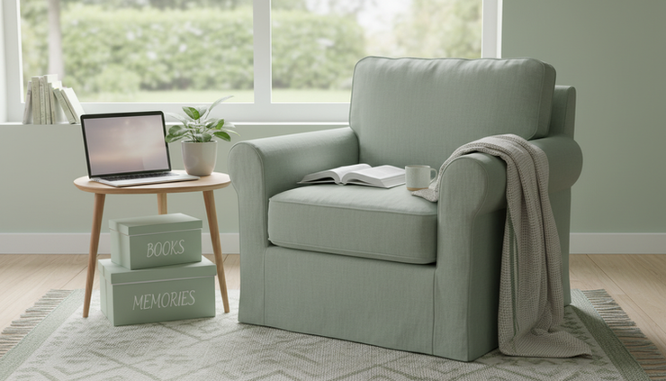 Wide-angle view of a calm reading corner with a laptop and labelled storage boxes nearby.