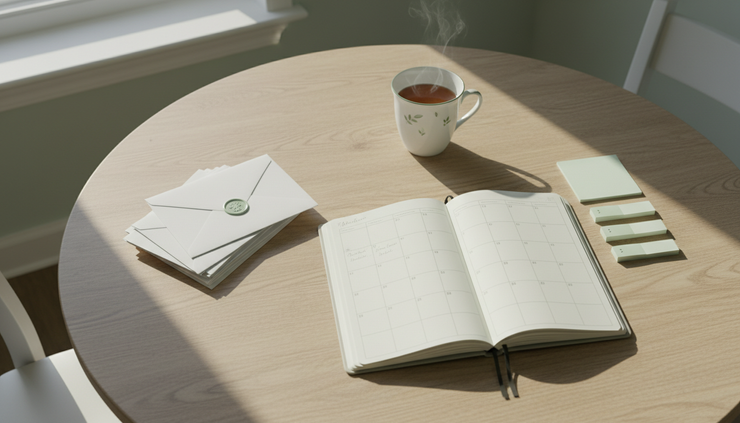 Overhead view of a paper planner and sorted envelopes on a wooden dining table.