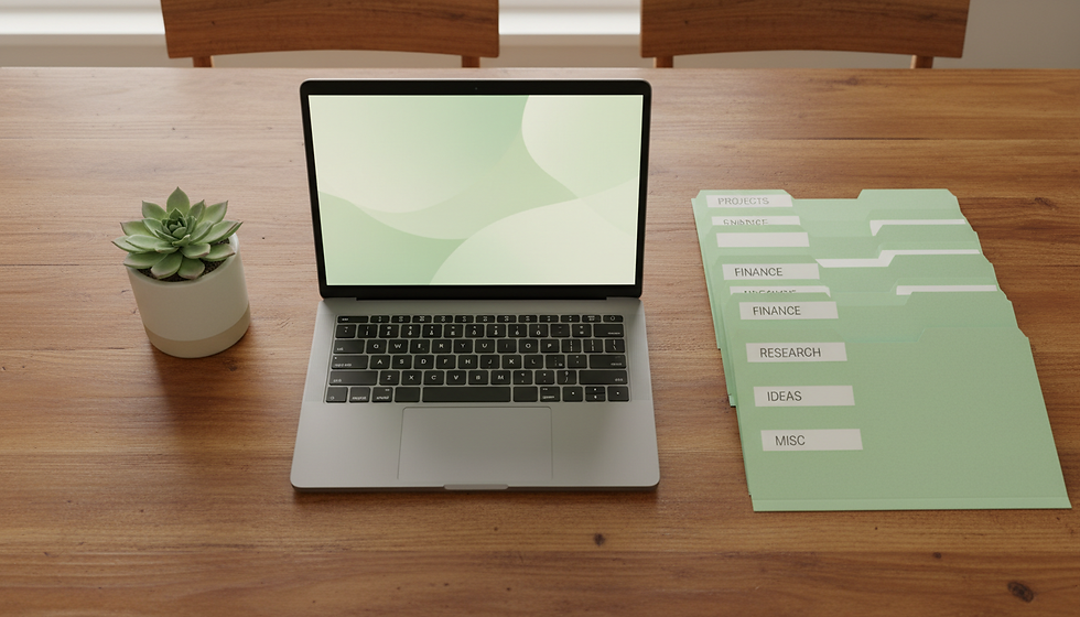 April Kelly, independent virtual assistant, organizing digital files and workflows on a laptop.