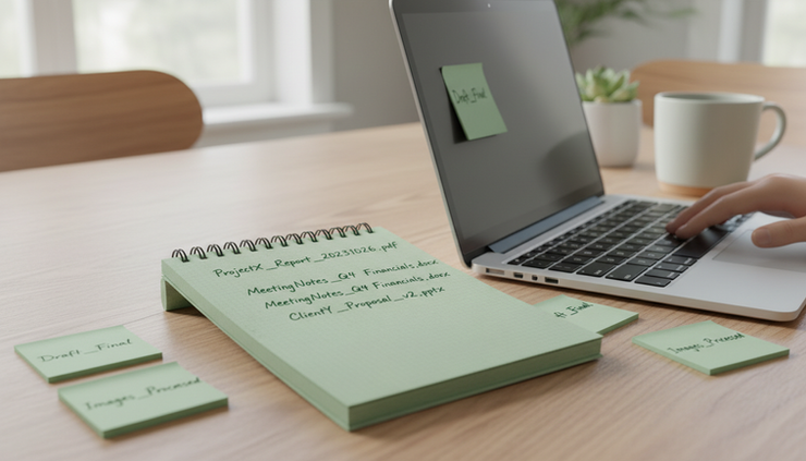 Close-up view of handwritten file naming samples beside a laptop keyboard.