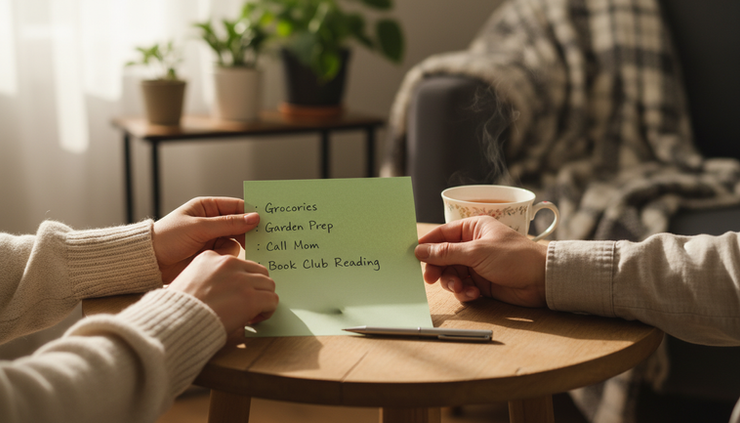 Close-up view of two hands sharing a handwritten task list on a wooden table with pale green paper.