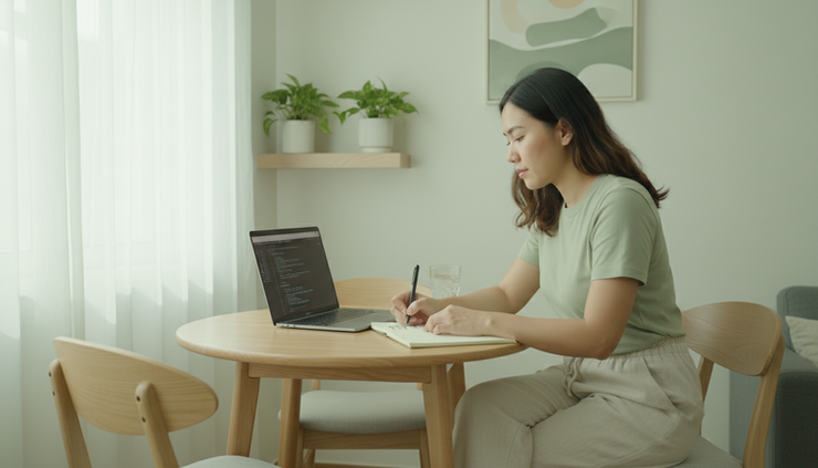 Eye-level view of a Filipino remote professional writing notes beside a laptop in a bright home dining nook.