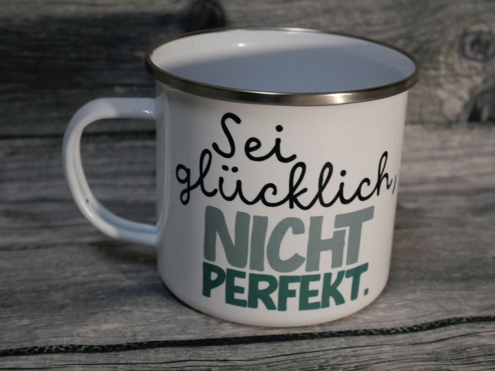 Emaille Tasse Gross mit Spruch