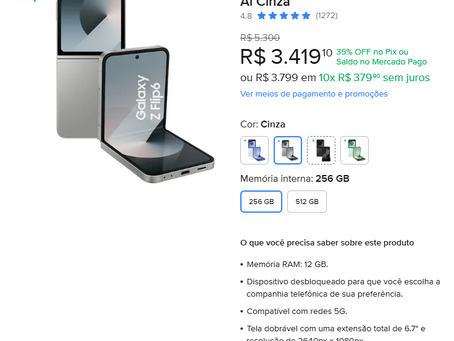 Celular Samsung Galaxy Z Flip6 5g, 256gb, 12gb Ram, Tela 6.7 , Câm. Dupla + Selfie 50mp, Galaxy Ai Cinza