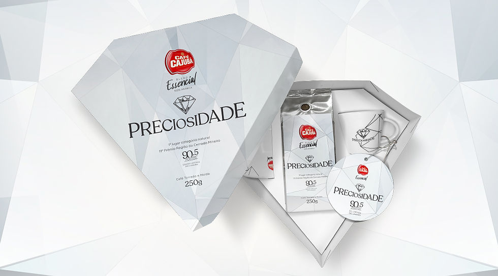 Box exclusivo Café Cajubá Essencial Preciosidade com 1 café moído + 1 xícara + 1 pires personalizados