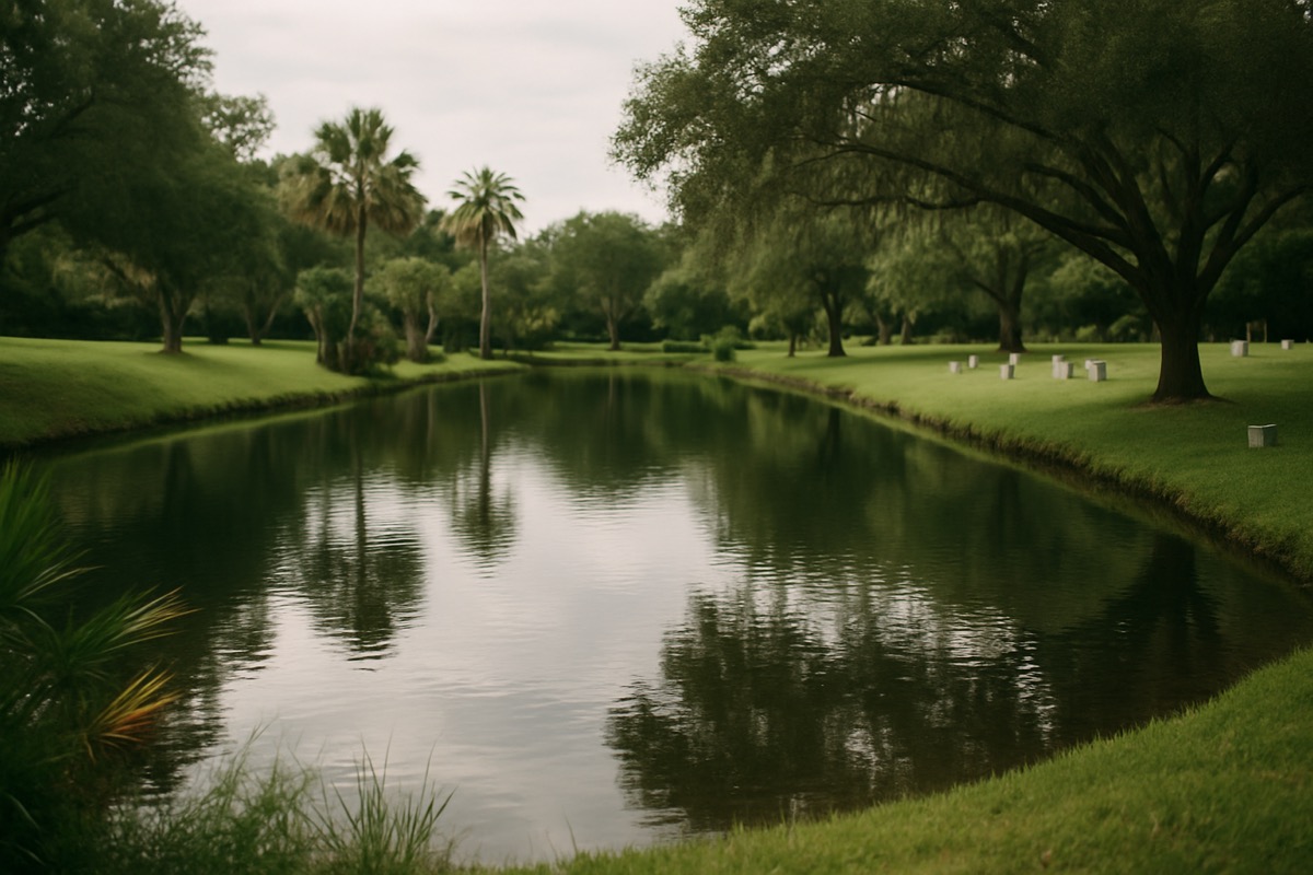 A quiet reflective pond surrounded by lush Florida greenery on a calm afternoon