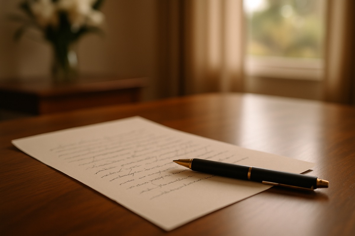 A handwritten note on a blank page beside a pen, warm natural light on a wooden table