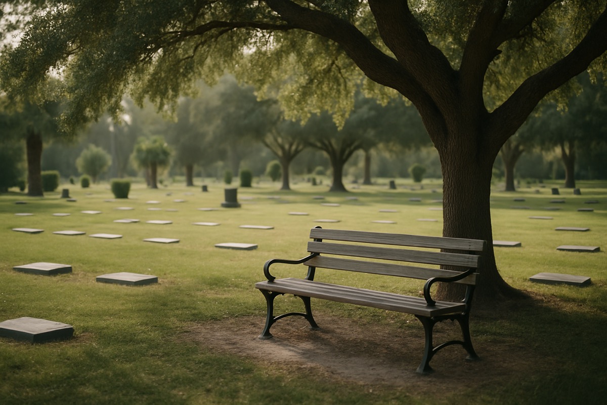 A quiet memorial garden with a wooden bench under a large shady tree in soft afternoon light