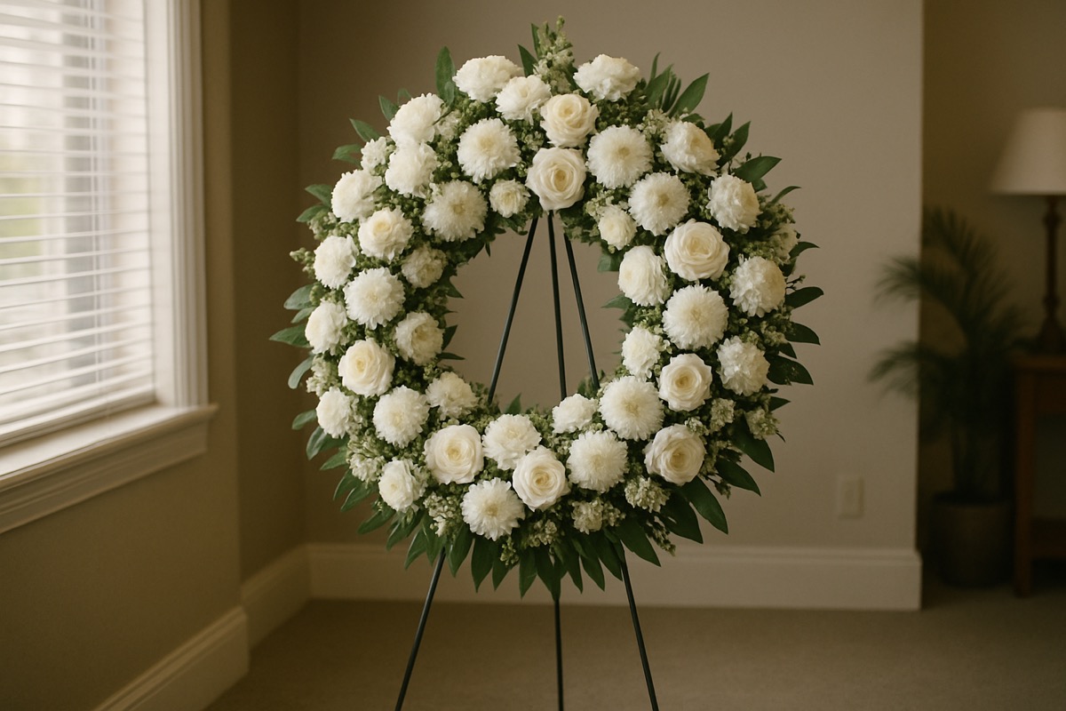 A large white and green floral standing wreath in a quiet, softly lit room