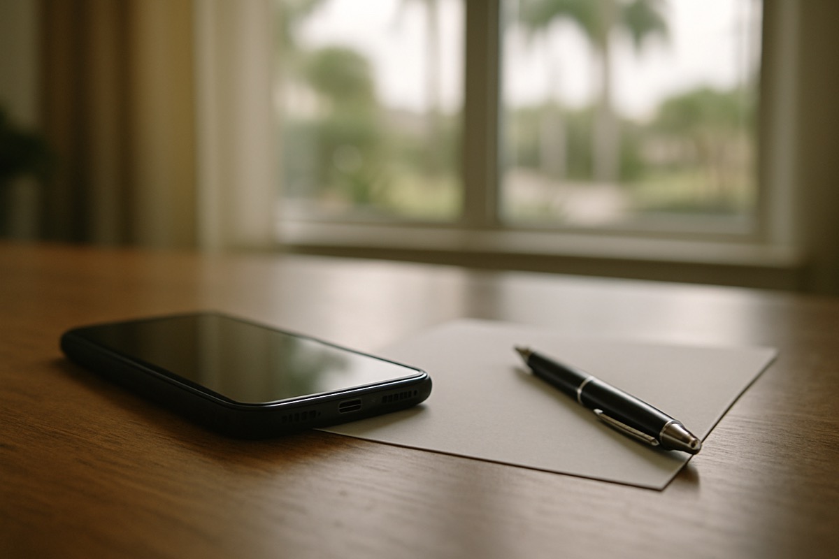 A smartphone face-down on a wooden table beside a pen and notepad in soft natural light