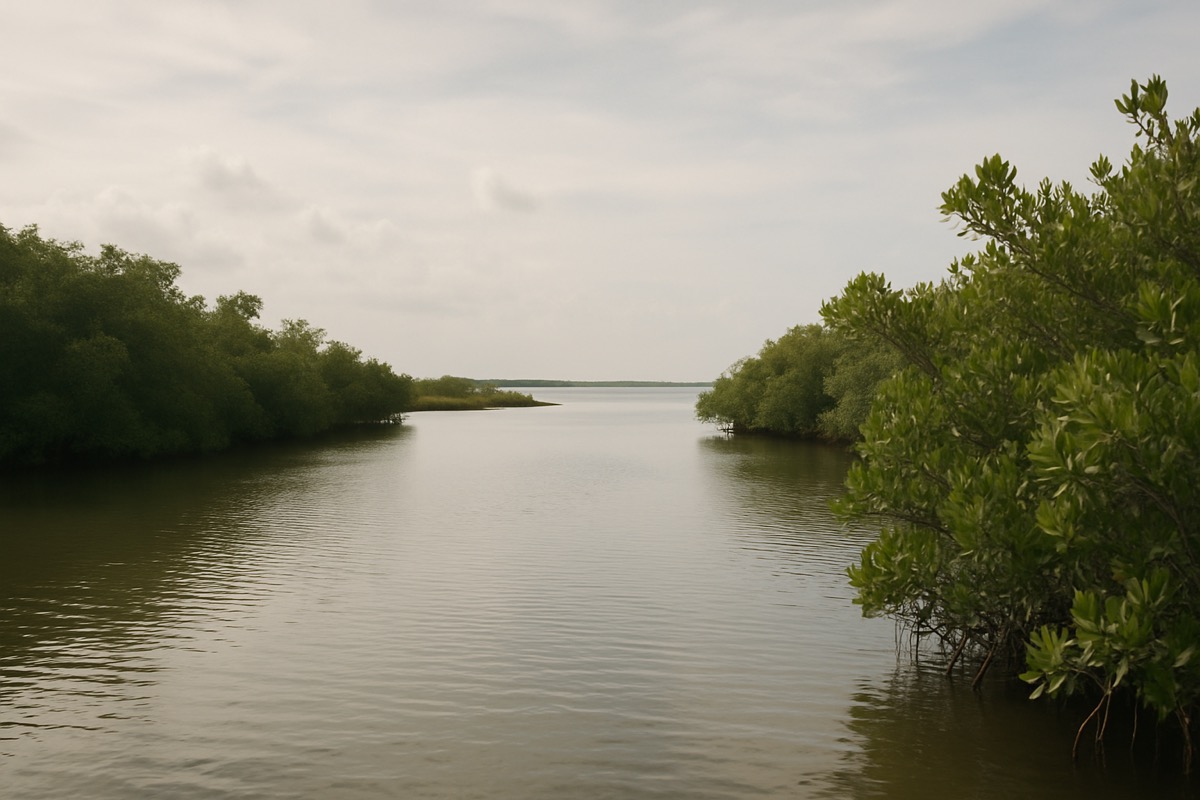 A calm coastal waterway in Southwest Florida with open sky and still water at dusk