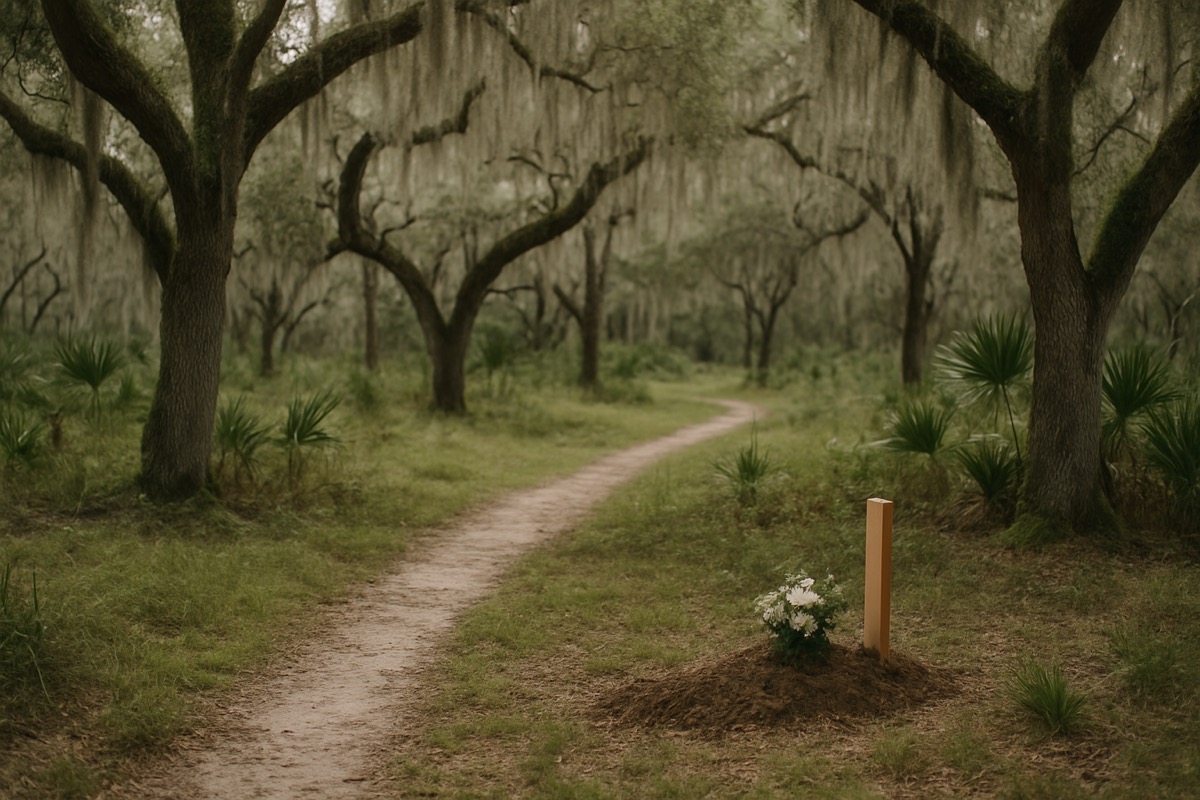 A wooded conservation landscape with a gentle winding path through tall trees in soft morning light