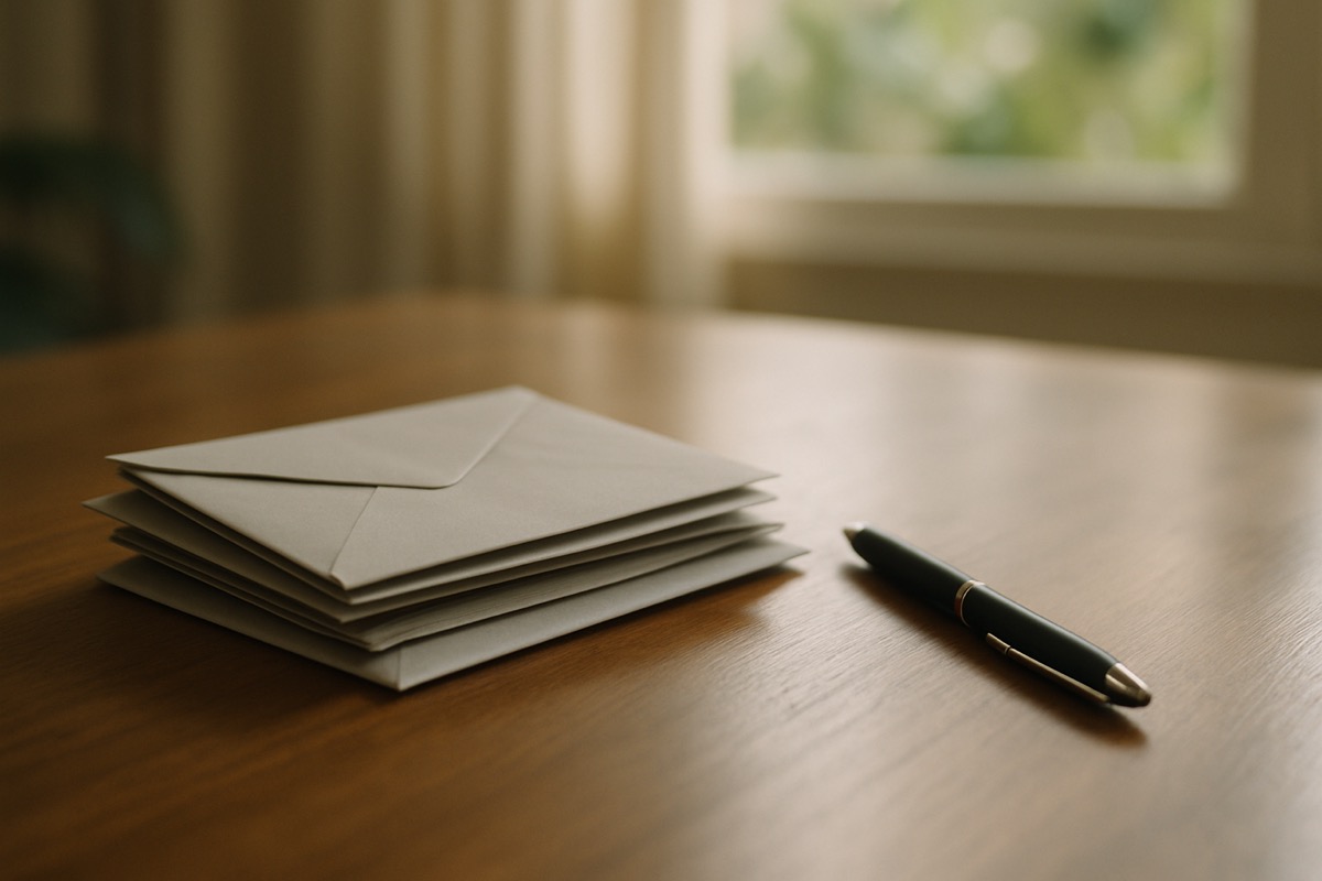 A stack of envelopes and a pen resting on a wooden table in soft natural light