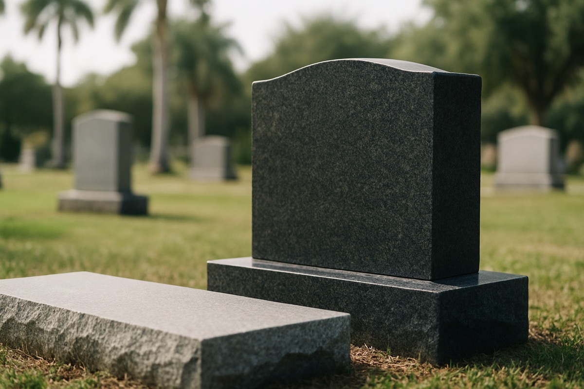 Close-up of polished granite memorial stone surfaces in grey and black tones, soft natural light
