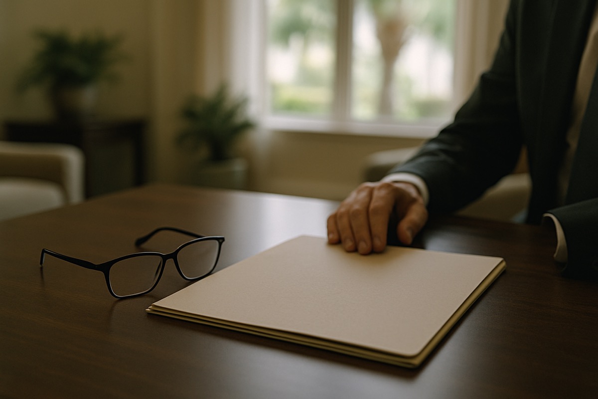 A tidy desk with reading glasses resting on a closed folder in soft neutral light