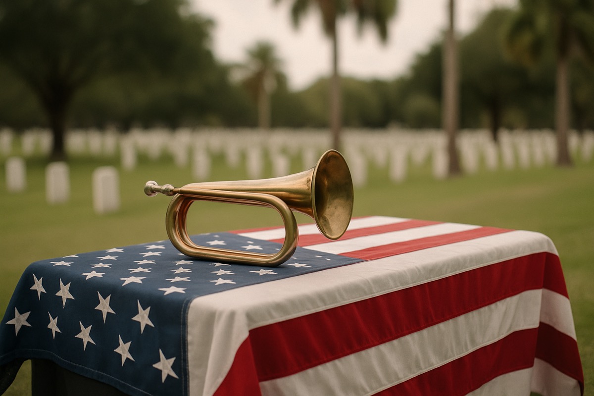A single bugle resting on a draped table in soft, warm light