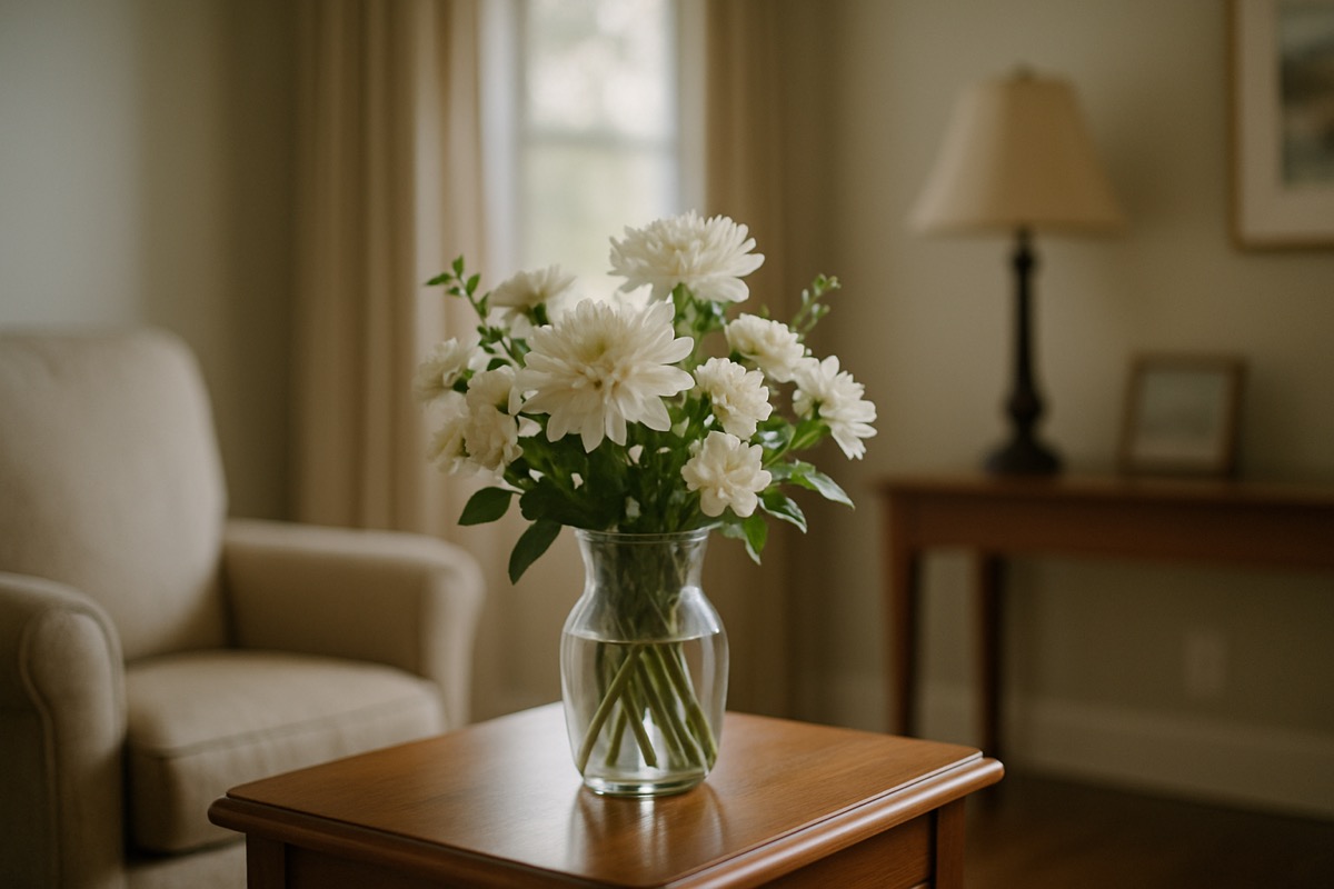 White flowers in a vase on a side table in a calm, softly lit room
