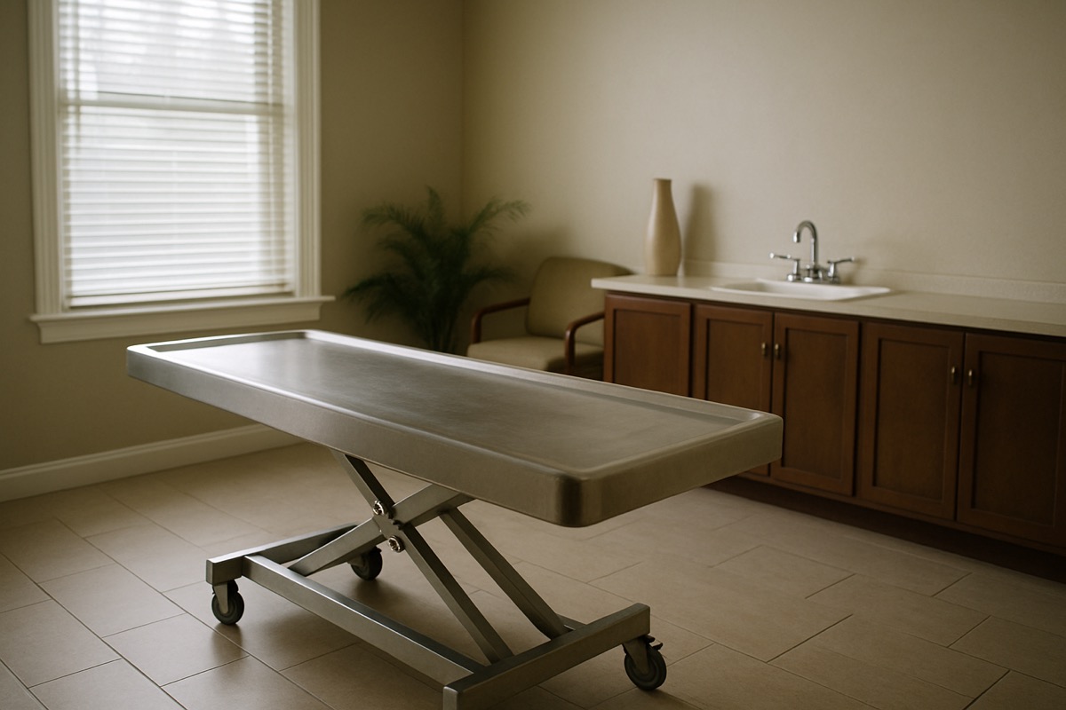 A quietly furnished room with soft natural light, calm and respectful