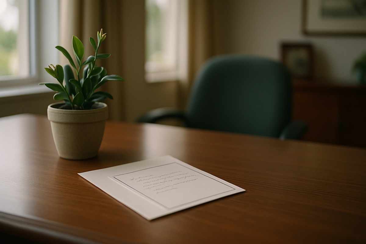 A quiet office desk with a small plant and a handwritten note resting beside a coffee mug, bathed in soft morning light