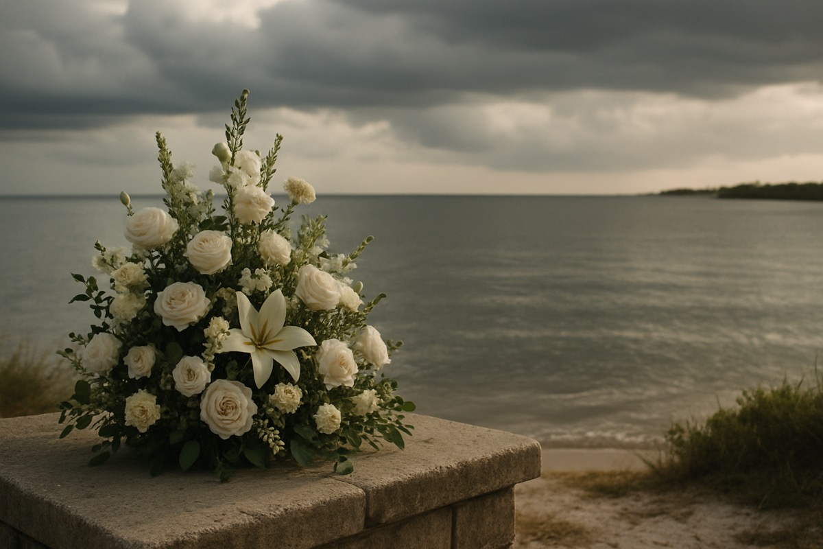 A calm coastal waterway with darker clouds gathering on the horizon