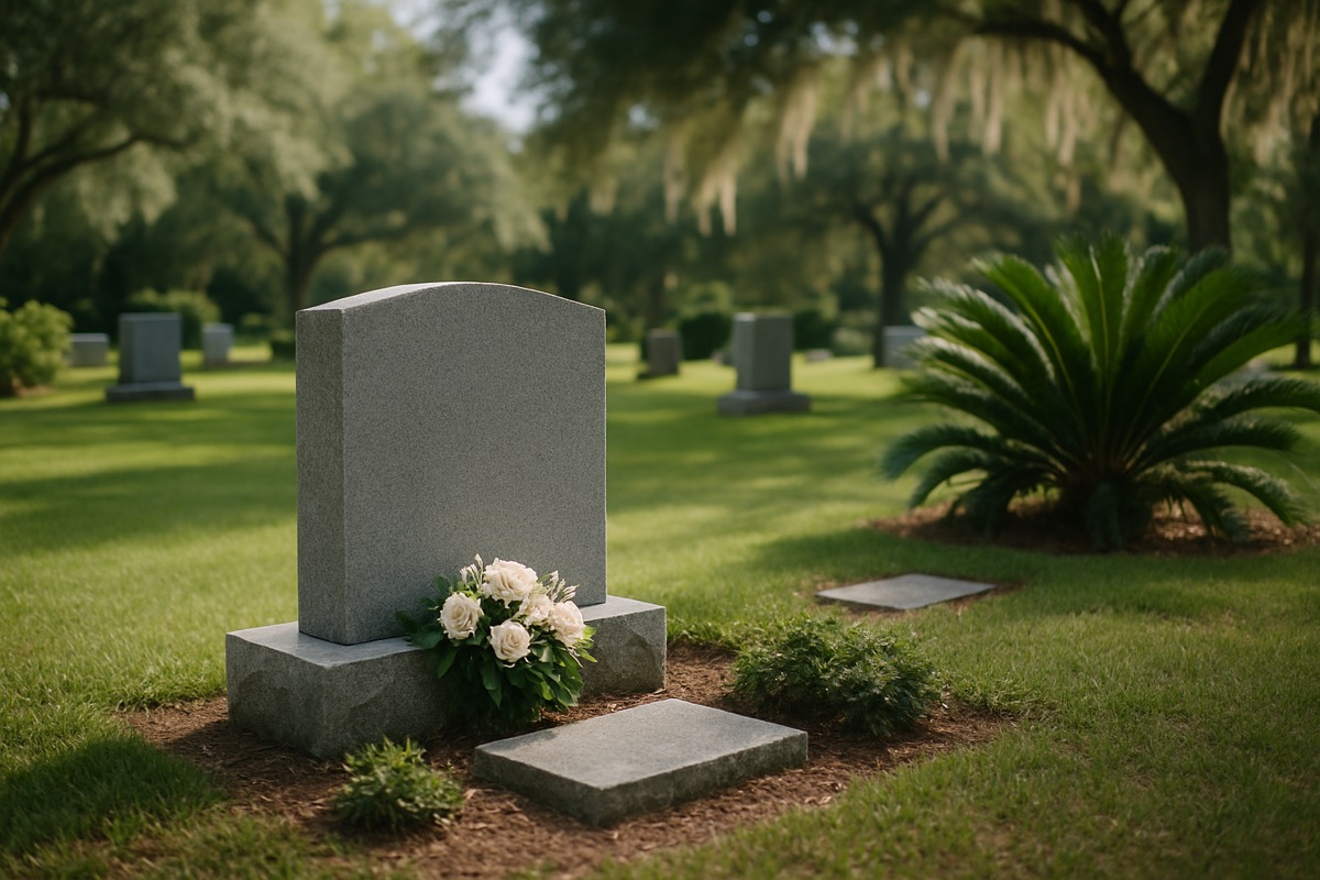 Peaceful memorial garden with green lawn and soft natural light, no people present