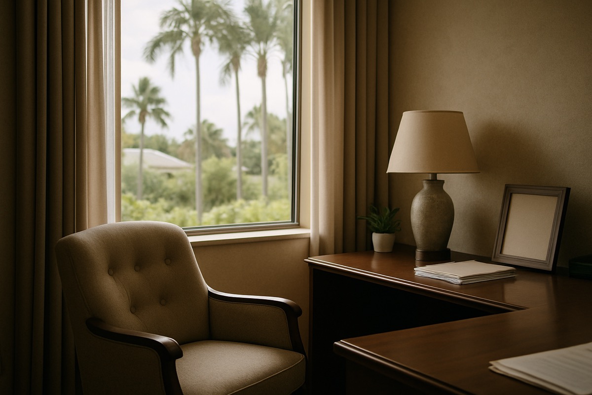 A softly lit office window with a comfortable chair and warm afternoon light coming through, creating a calm and peaceful atmosphere