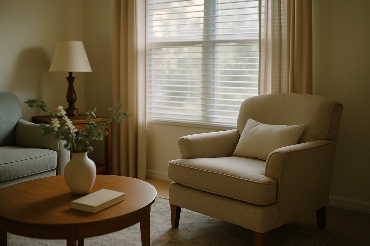 A quiet, sunlit living room with a comfortable chair near a window