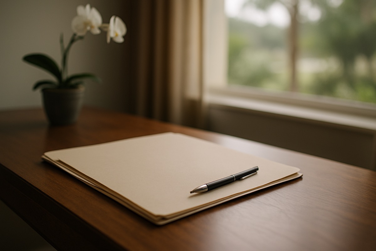A folder and pen resting on a desk in soft natural daylight, evoking thoughtful planning